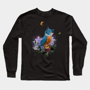 Funny cute birdkitten with flowers in the night Long Sleeve T-Shirt